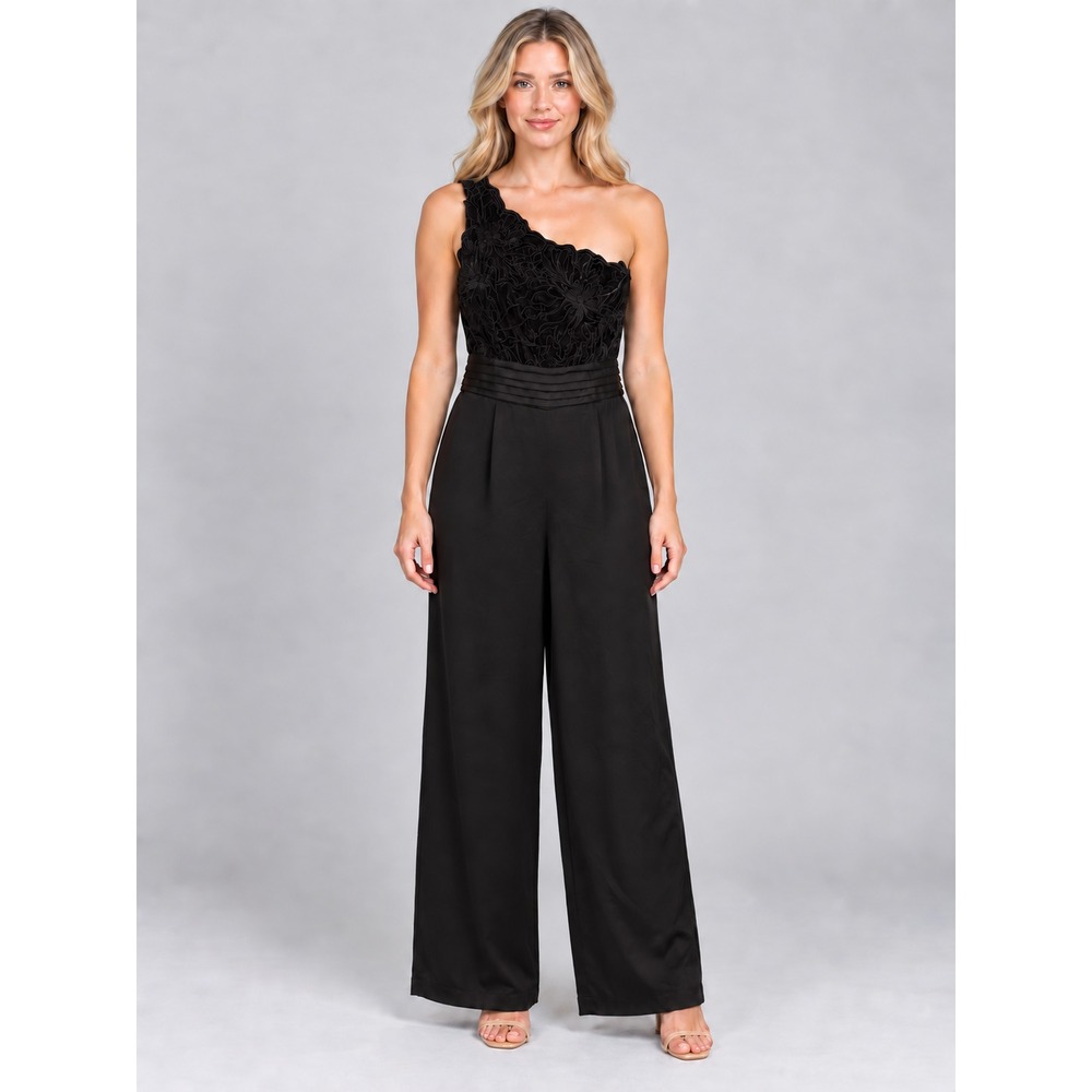 Ramy Brook Adaline Black One Shoulder Velvet Embroidered Wide Leg Jumpsuit 12